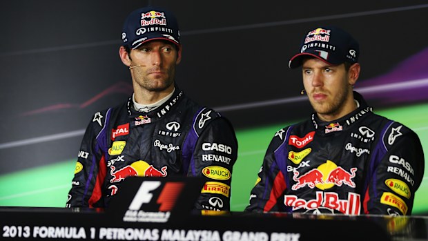 Mark Webber and Sebastian Vettel during the Malaysian Formula One Grand Prix at the Sepang Circuit on March 24, 2013 in Kuala Lumpur, Malaysia.