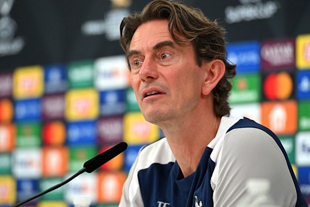 Thomas Frank speaks to the media during a Tottenham Hotspur press conference.