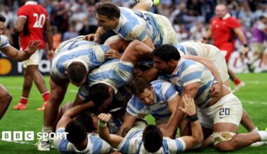 Argentina celebrate in their quarter-final win against Wales at the 2023 World Cup