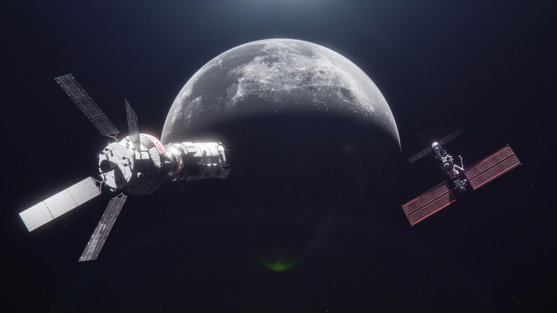 two cone-shaped spacecraft float in space near the moon
