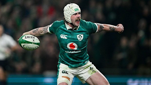 Mack Hansen of Ireland celebrates after scoring his side's first try.