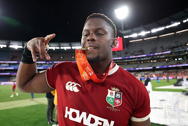 Maro Itoje of the British & Irish Lions celebrates their victory.