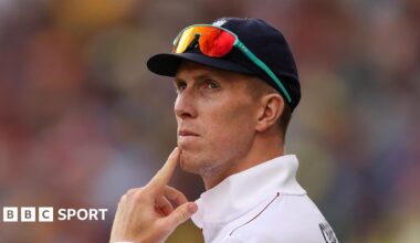England batter Zak Crawley puts his finger on his chin while fielding