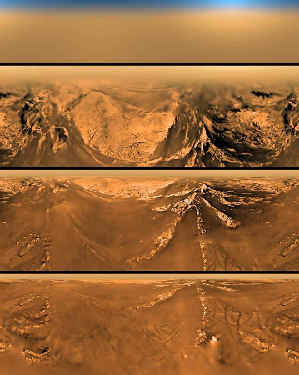 The Huygens probe took these images of Saturn's moon Titan at four different altitudes as it descended to the surface