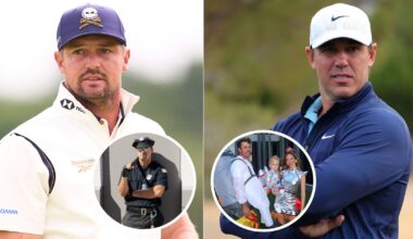 Bryson DeChambeau and Brooks Koepka look on, with various Halloween pictures in circles