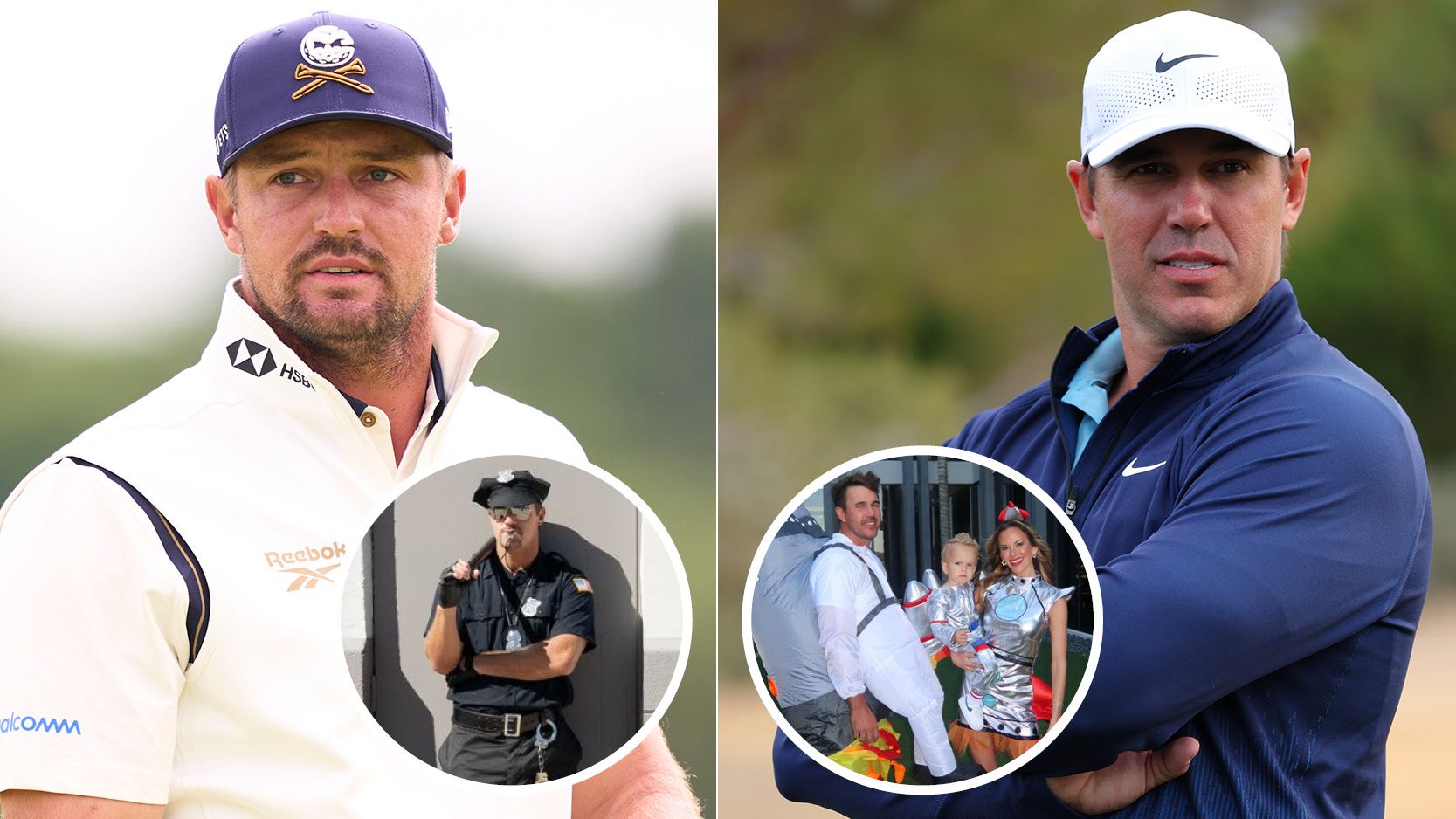 Bryson DeChambeau and Brooks Koepka look on, with various Halloween pictures in circles