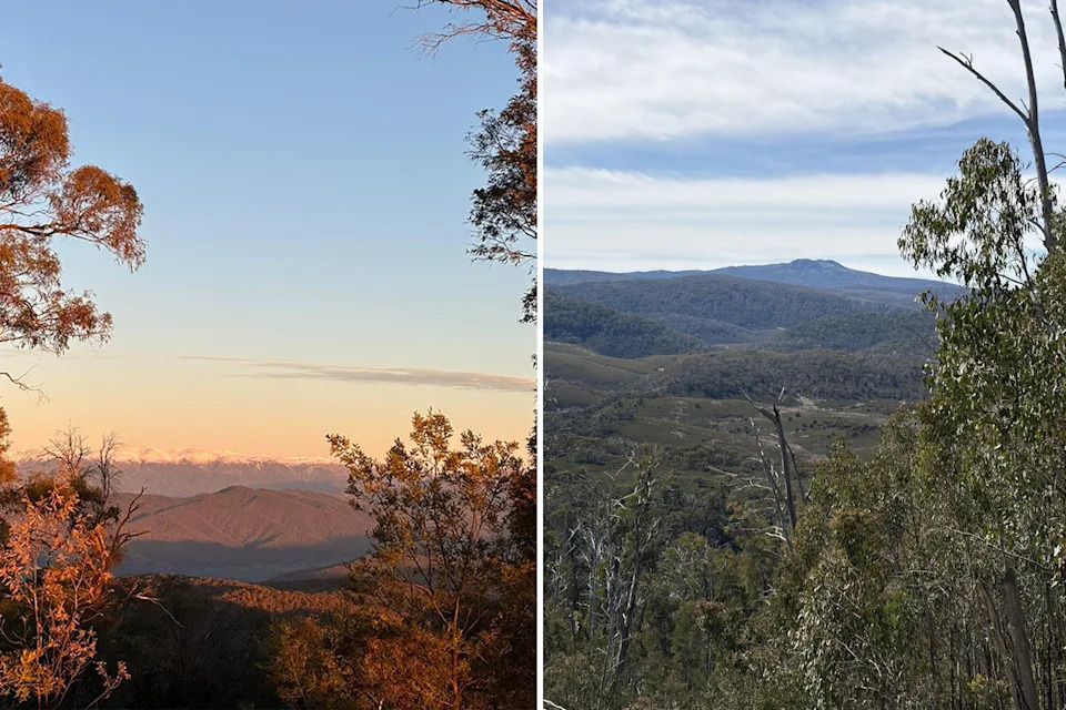 Left: Snow capped mountains can be seen in the distance as the landscape glows red with the sunset. Right: A mountain in the distance with nothing but bushland leading up to it.
