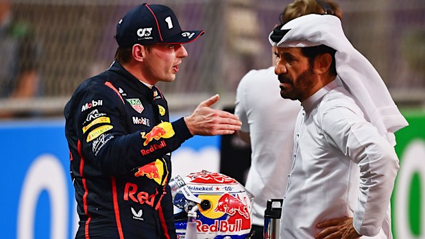 Second placed Max Verstappen of the Netherlands and Oracle Red Bull Racing talks with Mohammed ben Sulayem, FIA President in parc ferme during the F1 Grand Prix of Saudi Arabia.