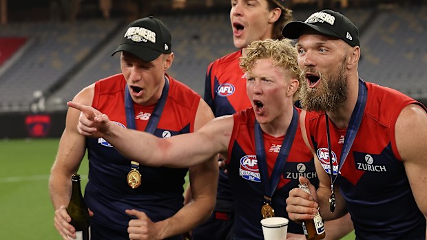 PERTH, AUSTRALIA - SEPTEMBER 25: Clayton Oliver and Max Gawn of the Demons celebrate after winning the 2021 AFL Grand Final match between the Melbourne Demons and the Western Bulldogs at Optus Stadium on September 25, 2021 in Perth, Australia. (Photo by Paul Kane/Getty Images)