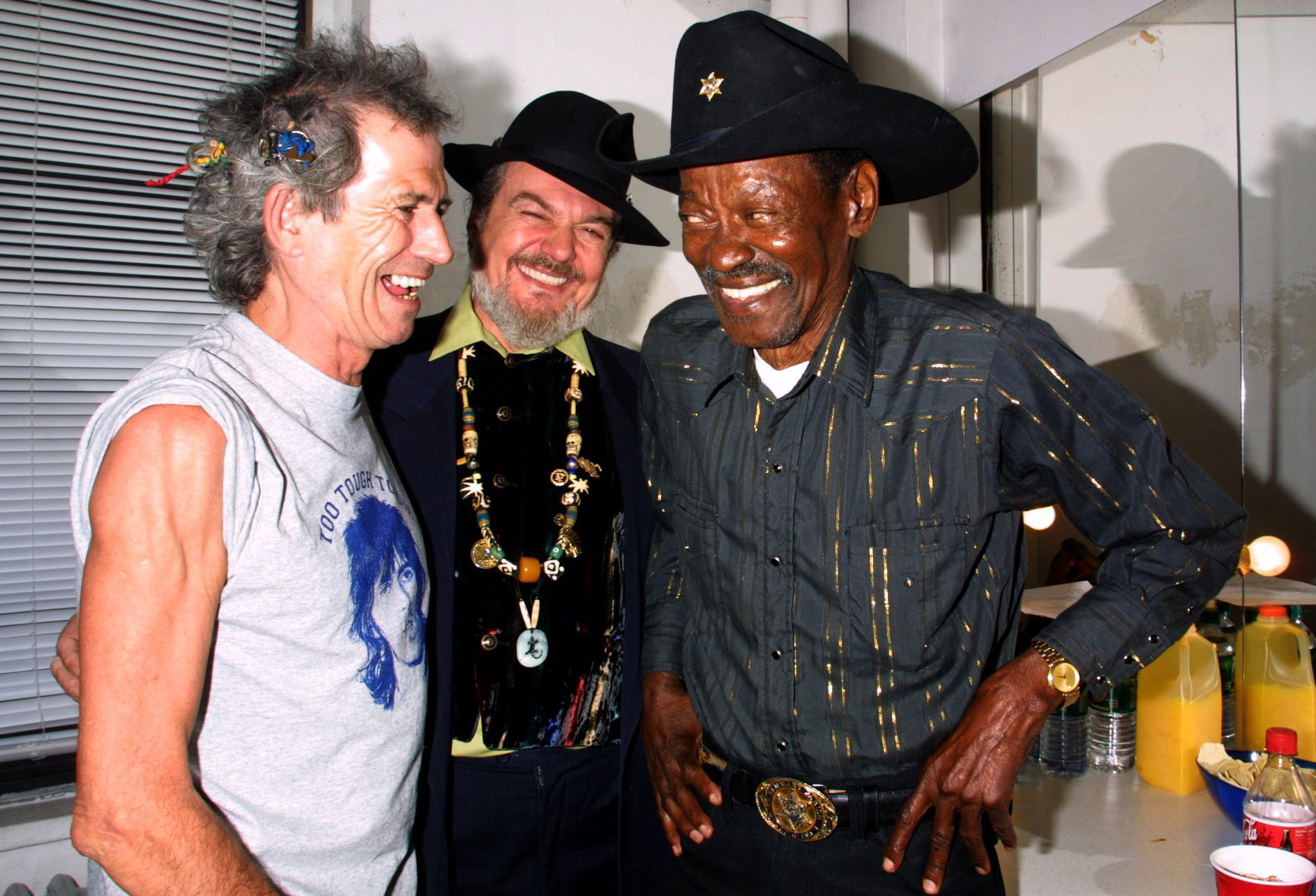 Keith Richards, Dr. John and Clarence "Gatemouth" Brown backstage at the Rainforest Alliance Concert, 2001
