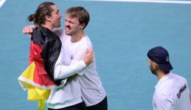 Alexander Zverev, Kevin Krawietz and Tim Puetz celebrate Germany's victory against Argentina Thursday evening.
