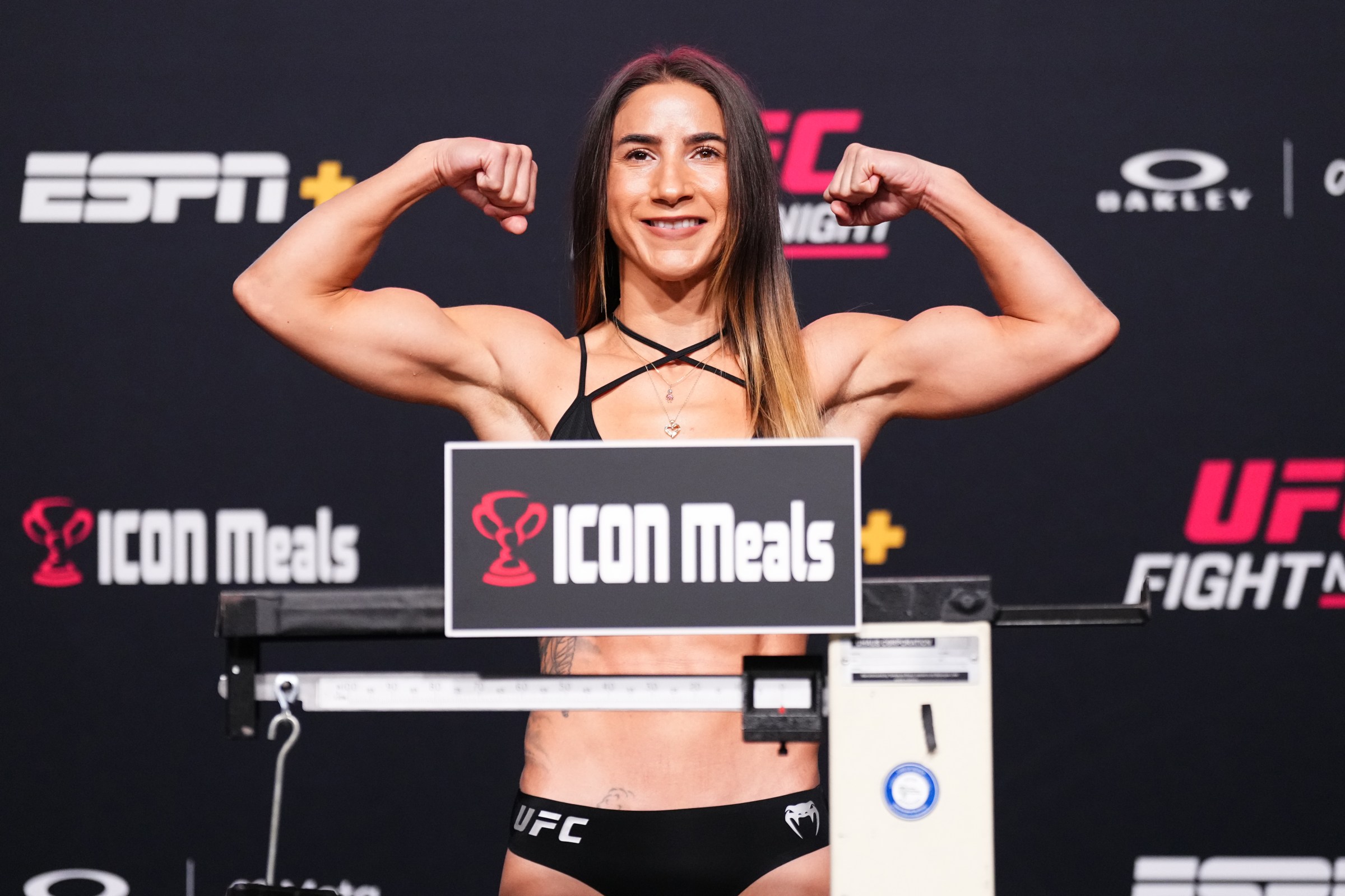 LAS VEGAS, NEVADA - NOVEMBER 07: Tecia Pennington poses on the scale during the UFC Fight Night weigh-in at UFC APEX on November 07, 2025 in Las Vegas, Nevada. (Photo by Jeff Bottari/Zuffa LLC)