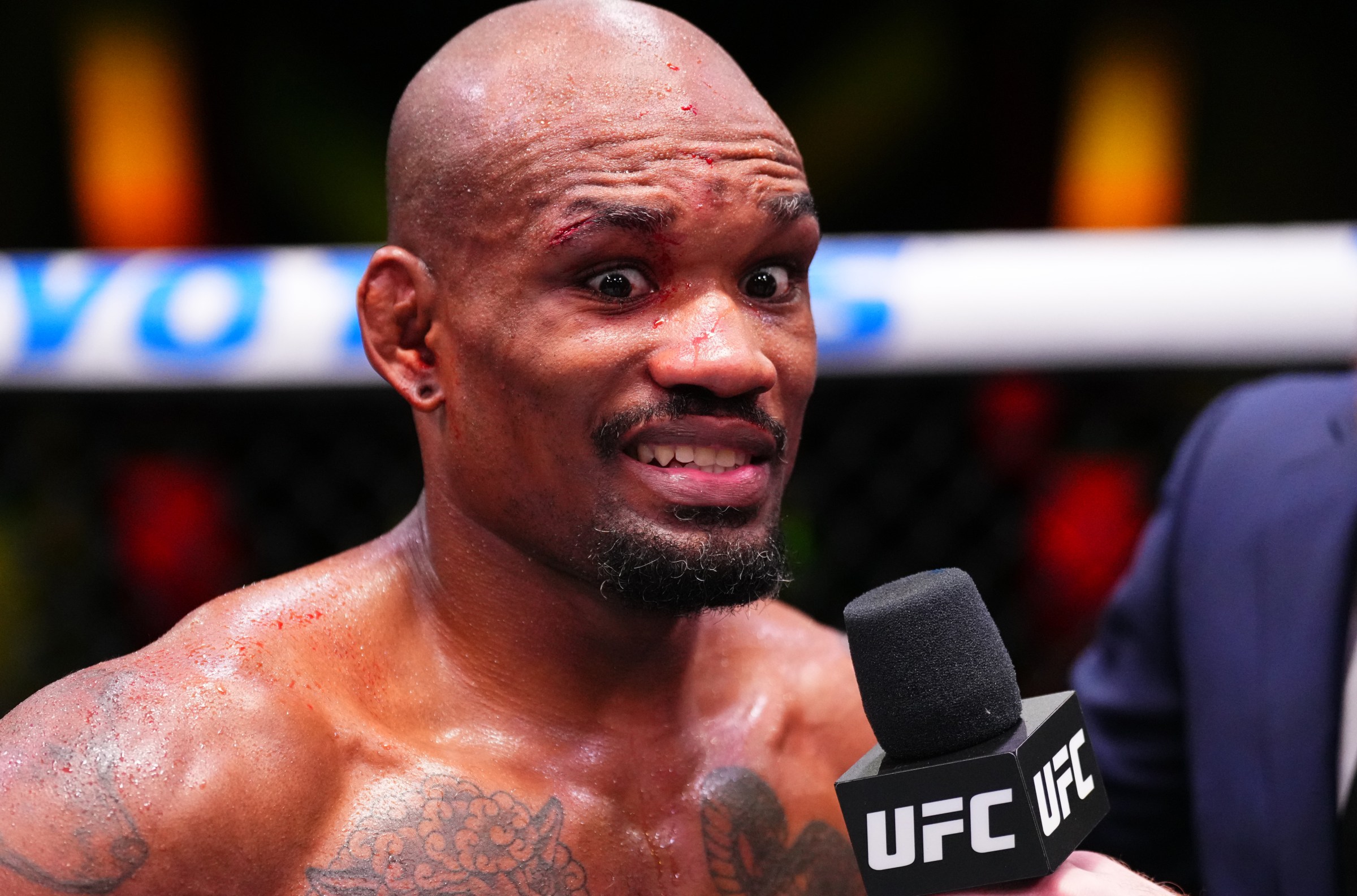 LAS VEGAS, NEVADA - NOVEMBER 08: Jamall Emmers reacts after a victory against Hyder Amil of the Philippines in a featherweight fight during the UFC Fight Night event at UFC APEX on November 08, 2025 in Las Vegas, Nevada. (Photo by Jeff Bottari/Zuffa LLC)