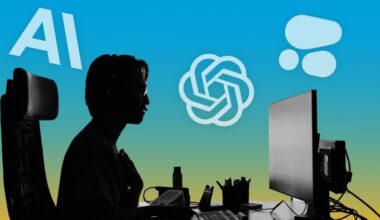 A person wearing a headset sits at a desk with a computer, with Anthropic, OpenAI, and Cohere logos in the background.