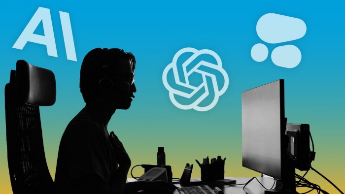 A person wearing a headset sits at a desk with a computer, with Anthropic, OpenAI, and Cohere logos in the background.