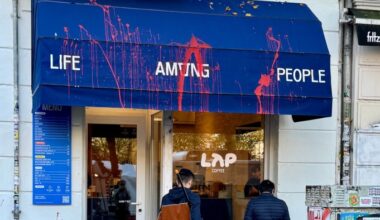 The shopfronts of 15 LAP Coffee outlets were splattered with red paint