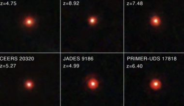 A multi-panel image, with each panel have a black background and a single, diffuse red speck in the center.