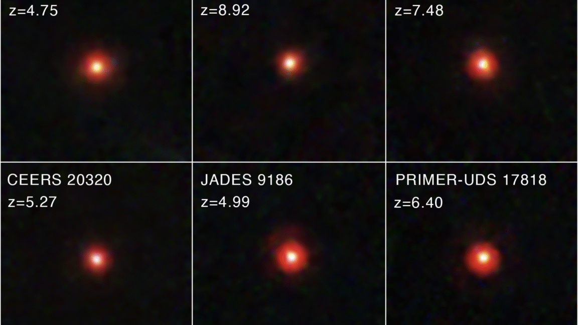 A multi-panel image, with each panel have a black background and a single, diffuse red speck in the center.