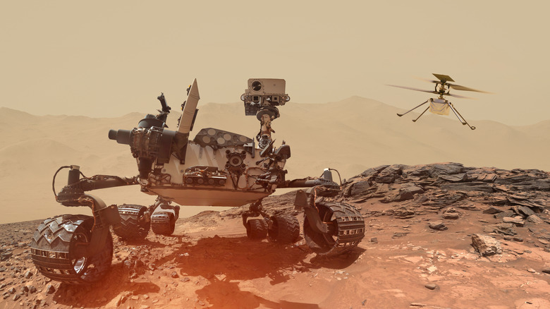 Rover and drone on Mars