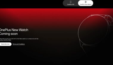 A screenshot of the OnePlus UK site showing a promo: "OnePlus New Watch coming soon: Subscribe to get up to &pound;50 off on the New watch, or a chance to win the OnePlus 15R for FREE." Next to the text is a white sketch of a smartwatch.
