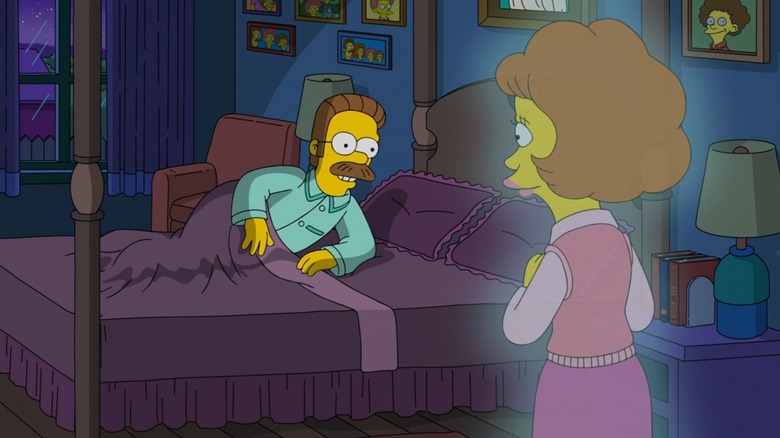 Ned Flanders in bed on The Simpsons, seeing a vision of his dead wife Maude glowing by his bedside