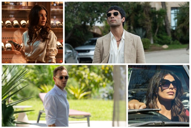 A stylish collage featuring four individuals in fashionable attire. The top left shows a woman in a silk blouse, holding a smartphone amidst a wine cellar. The top right captures a man in sunglasses and a light suit, walking outdoors. The bottom left displays a man in a white shirt and sunglasses, looking towards the camera in a garden setting. The bottom right features a woman in sunglasses driving a classic car.