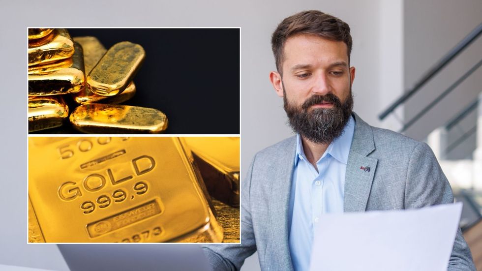 Man looking at finances and gold currency