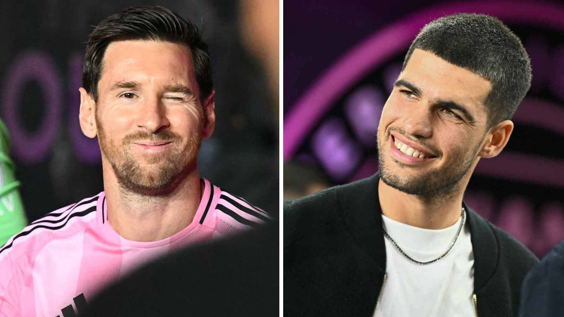 Lionel Messi greets Carlos Alcaraz at Inter Miami's match Saturday in Florida.
