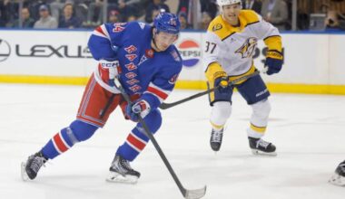 Gabe Perreault notches first NHL point in season debut on Rangers' top line