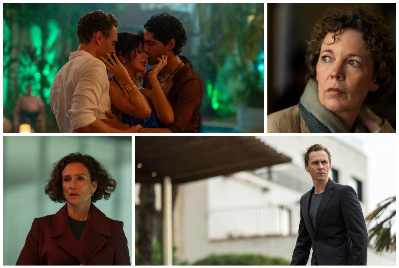 A collage of four scenes featuring intense emotional moments from a dramatic series. The top left shows a romantic encounter between three characters in a vibrant setting, while the top right features a close-up of a pensive woman. The bottom left depicts a woman in a stylish coat, looking concerned, and the bottom right shows a man in a suit walking purposefully outdoors. The images highlight themes of love, tension, and intrigue within the storyline.