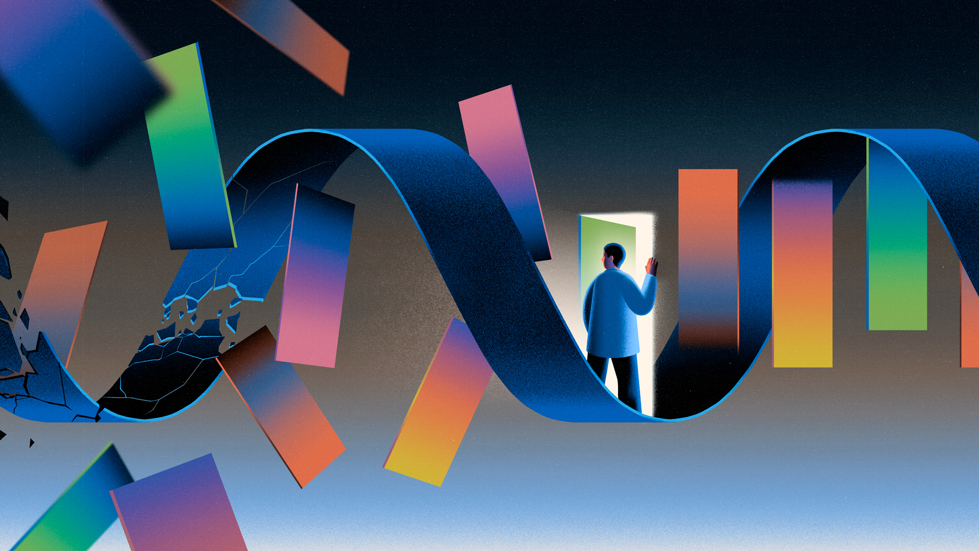 An illustration of a scientist walking through a door wrapped in a strand of disintegrating mRNA