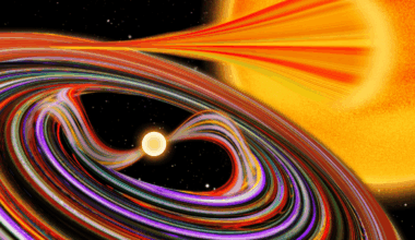 An illustration shows colorful stellar material swirling around a vampire white dwarf star