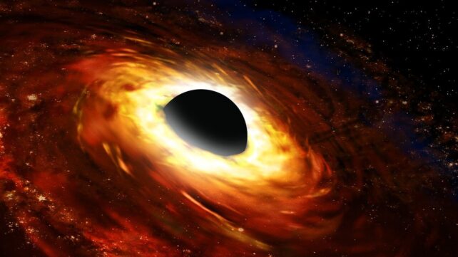 A black sphere inside swirling red and yellow