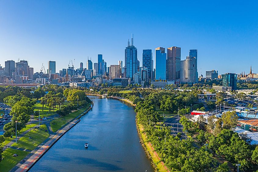Skyline of Melbourne from the Yarra River, Australia.