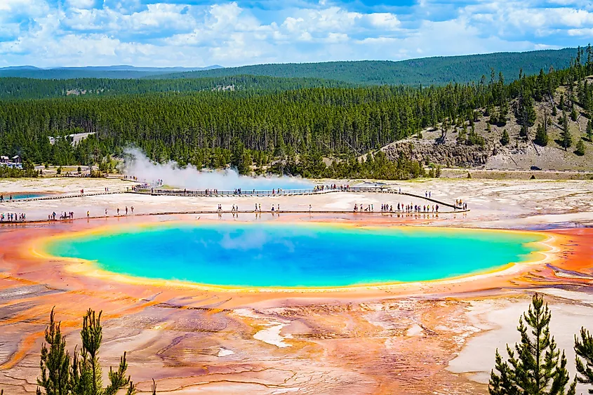 Tourists watching the Grand Prismatic Spring at the Yellowstone National Park