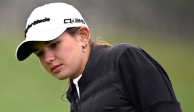 Kai Trump lines up a putt on the ninth green as Rory McIlroy of Northern Ireland looks on prior to The Genesis Invitational 2025 at Torrey P