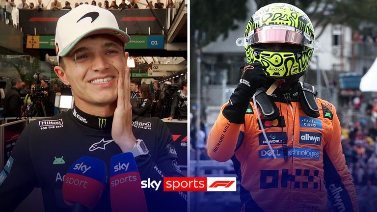 McLaren driver Lando Norris of Britain celebrates after winning the Brazilian Formula One Grand Prix at the Interlagos race track, in Sao Paulo, Sunday, Nov. 9, 2025. 