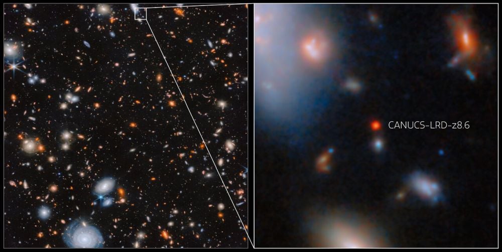 The JWST's NIRCam instrument captured this image of galaxy CANUCS-LRD-z8.6 only 570 million years after the Big Bang. CANUCS-LRD-z8.6 is one of the small, very distant and strikingly red galaxies called Little Red Dots (LRDs), which have been spotted in increasing numbers by Webb’s surveys of the early Universe. Astrophysicists are working hard to determine what exactly LRDs are. Image Credit: ESA/Webb, NASA &amp; CSA, G. Rihtaršič (University of Ljubljana, FMF), R. Tripodi (University of Ljubljana, FMF). Licence:  Creative Commons Attribution 4.0 International license