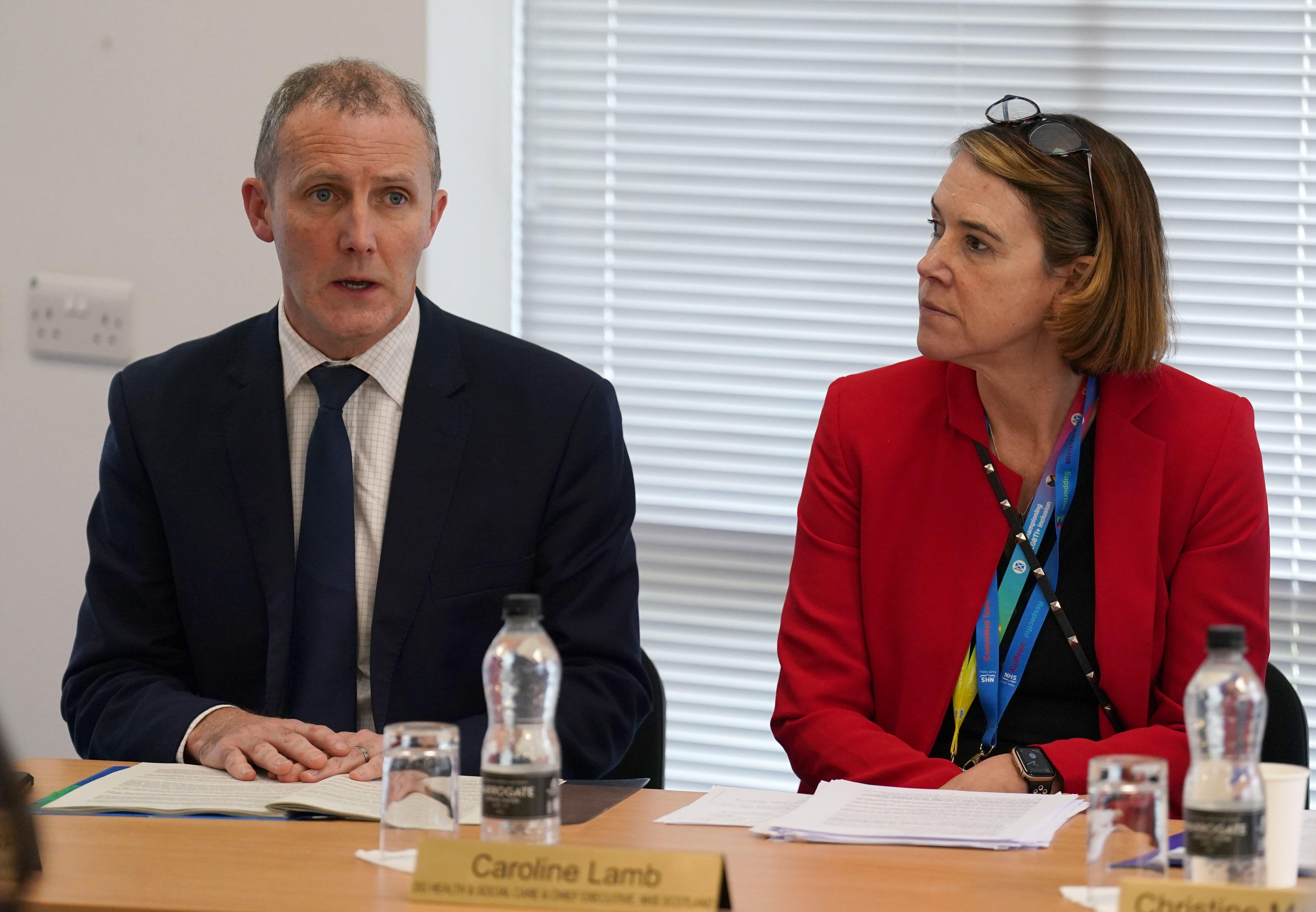 Scottish Health Secretary Michael Matheson and NHS Scotland Chief Executive Caroline Lamb during a public session.