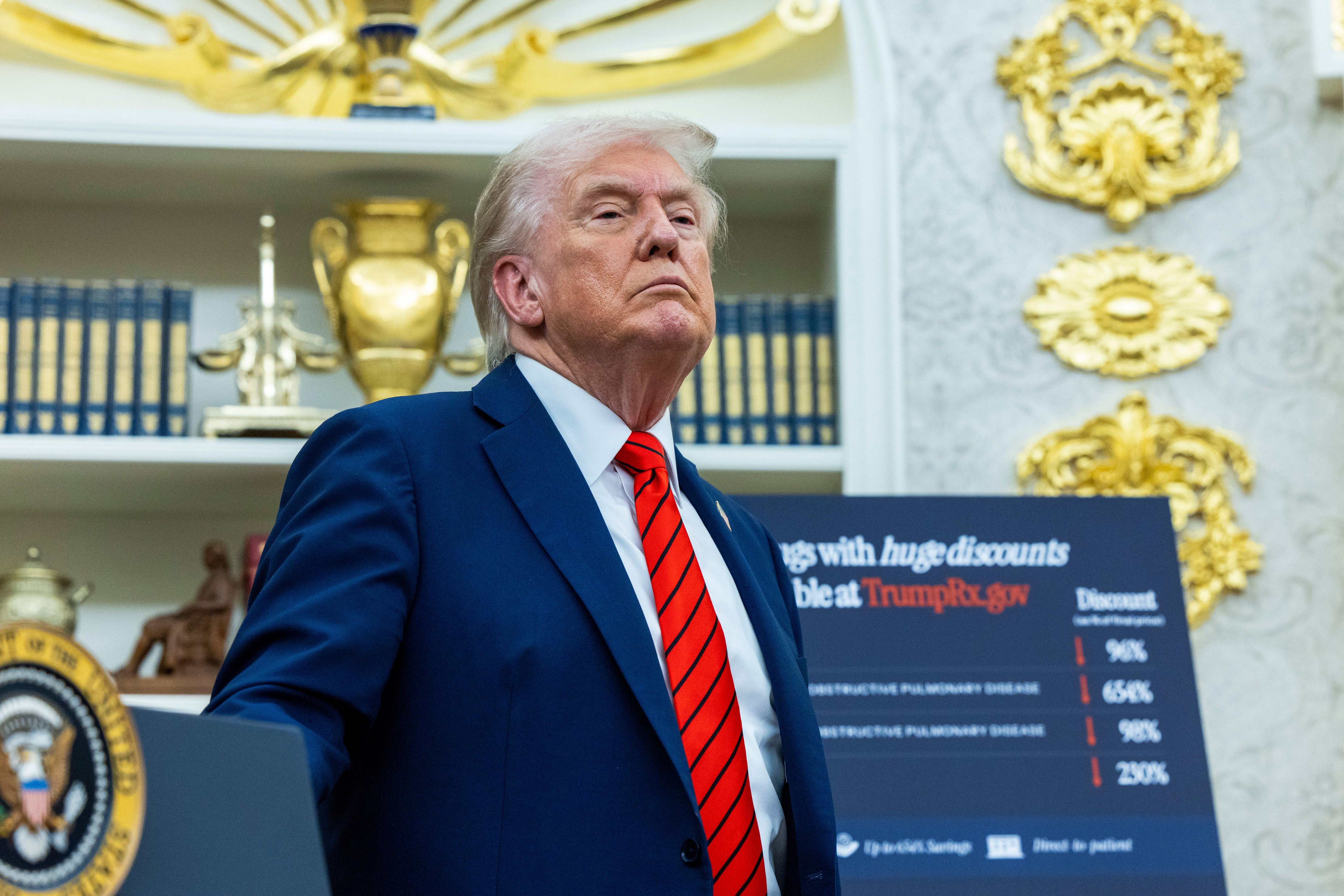 President Trump announces a drug pricing deal, with a visual aid showing "TrumpRx.gov" and discount percentages.