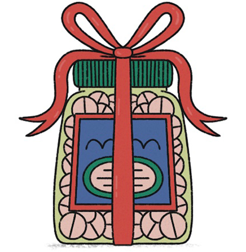 Illustration of a gift-wrapped jar filled with pills.