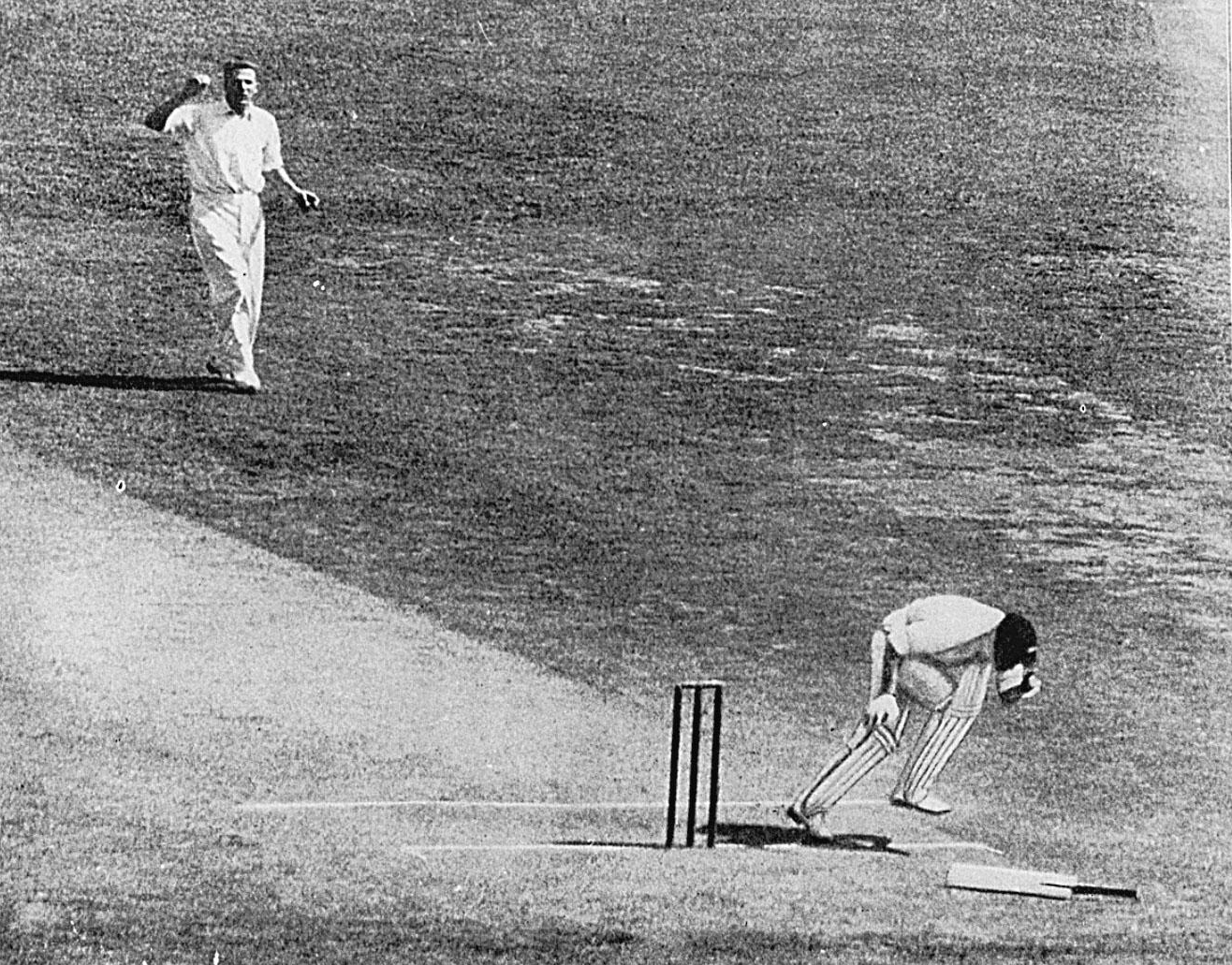 English bowler Harold Larwood strikes Australian wicketkeeper Bert Oldfield in the head with a bouncer during the 1932-33 Ashes Series.