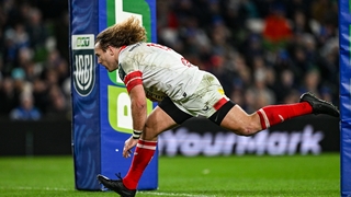 Werner Kok of Ulster dives over to score his side's second try during the United Rugby Championship match between Leinster and Ulster at the Aviva Stadium in Dublin. Photo by Ramsey Cardy/Sportsfile