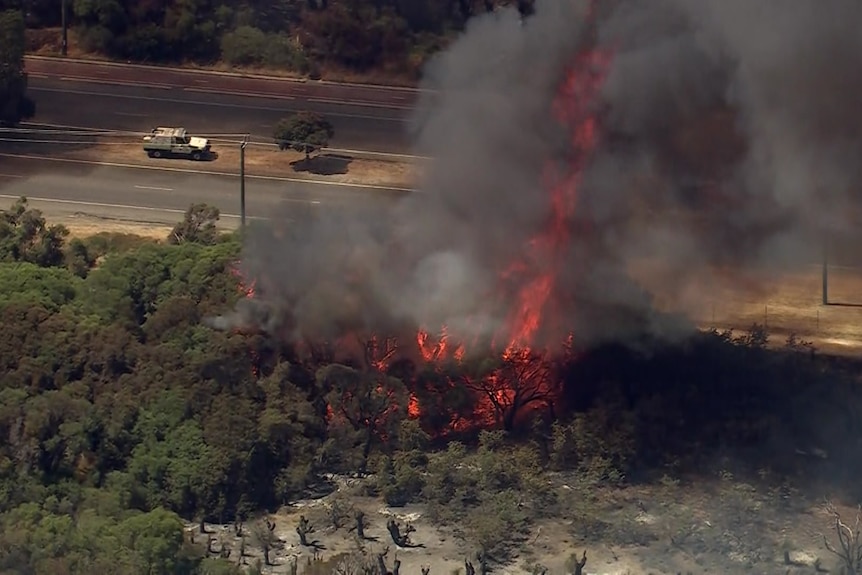 Flames burn next to a major road