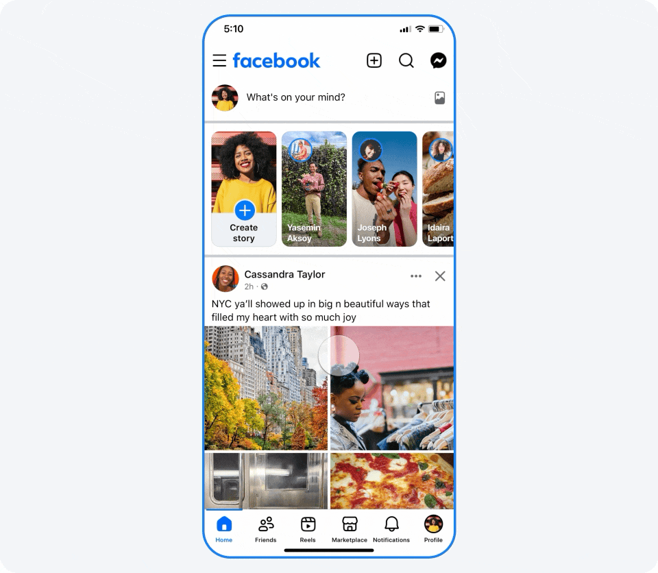A GIF showing the updated Facebook profile menu navigation