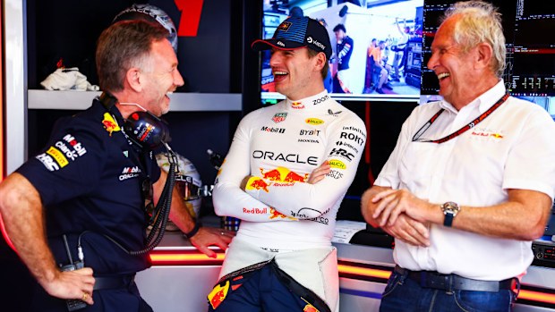 (L to R) Christian Horner, Max Verstappen and Helmut Marko were a tight-knit group in the Red Bull stable. 