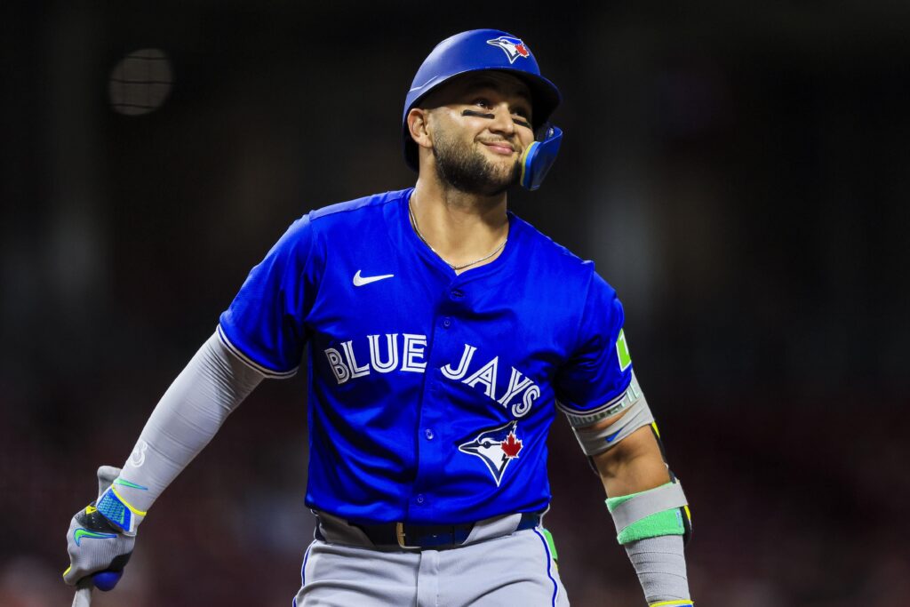 Blue Jays shortstop Bo Bichette (11) reacts after a play in the seventh inning against the Cincinnati Reds at Great American Ball Park on Sept. 2.