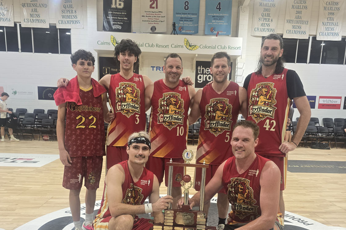 Gryffindors celebrate their division 1 men’s grand final win at Trinity Ford Stadium. Picture: Supplied