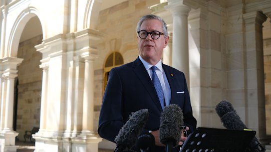 Queensland Health Minister Tim Nicholls speaks to media outside state parliament.