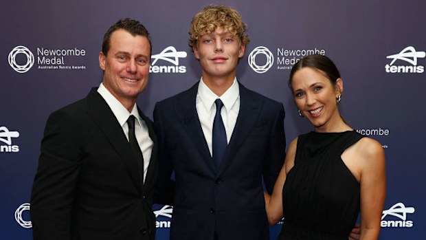 Lleyton Hewitt, Cruz Hewitt and Bec Hewitt arrive to the 2024 Newcombe Medal.